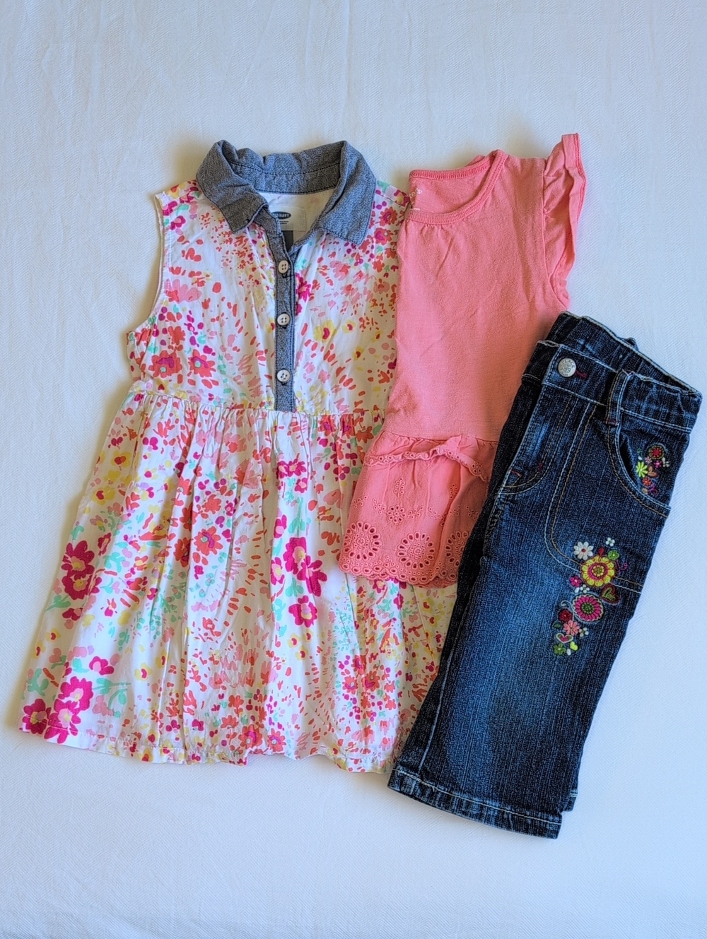 Old Navy Carters 3T Floral Dress Pink Peplum Embroidered Denim Lot 3